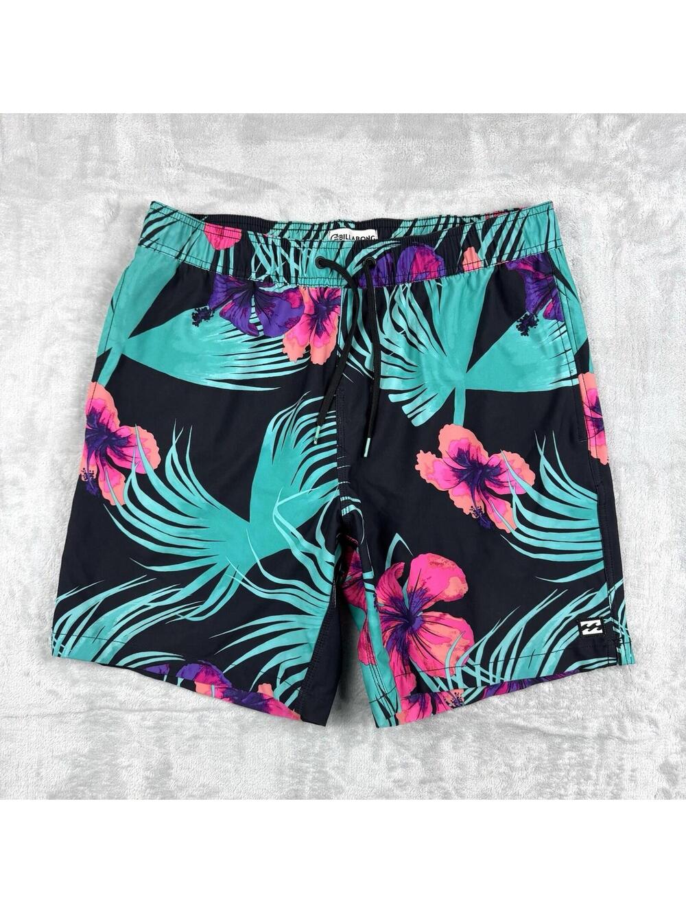 Billabong Sundays Layback Recycler Tropical Swim Shorts Size M Unlined Y2K Relax